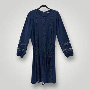 Lauren Ralph Lauren Black Label Navy Lace Dress w Belt Woman's Sz 18 Long Sleeve